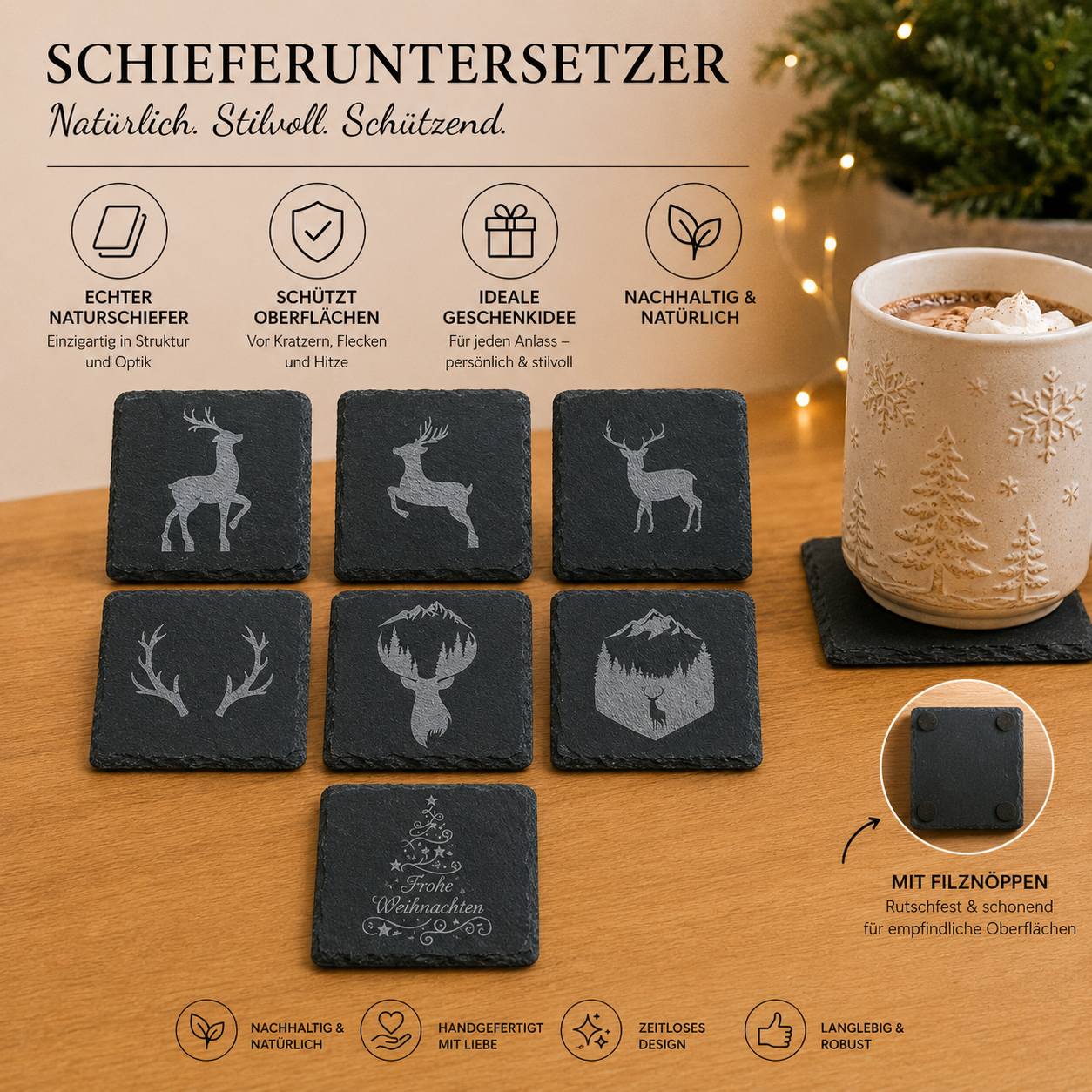 Schieferuntersetzer Wald- und Weihnachtsmotive