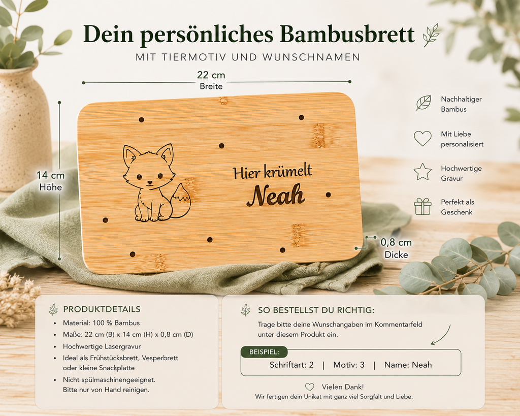 Bambusbrett mit Tiermotiv und Wunschname personalisierbar