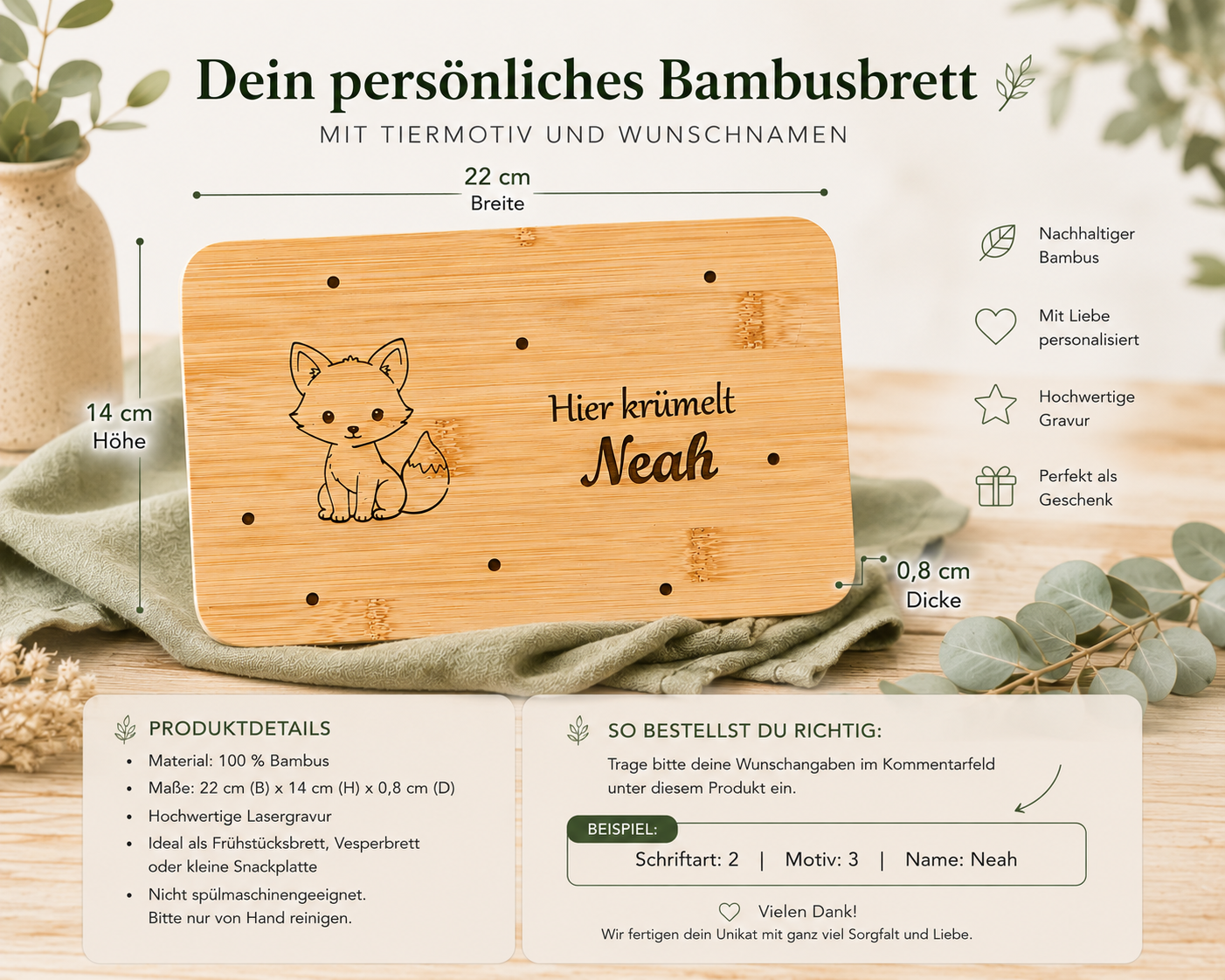 Bambusbrett mit Tiermotiv und Wunschname personalisierbar