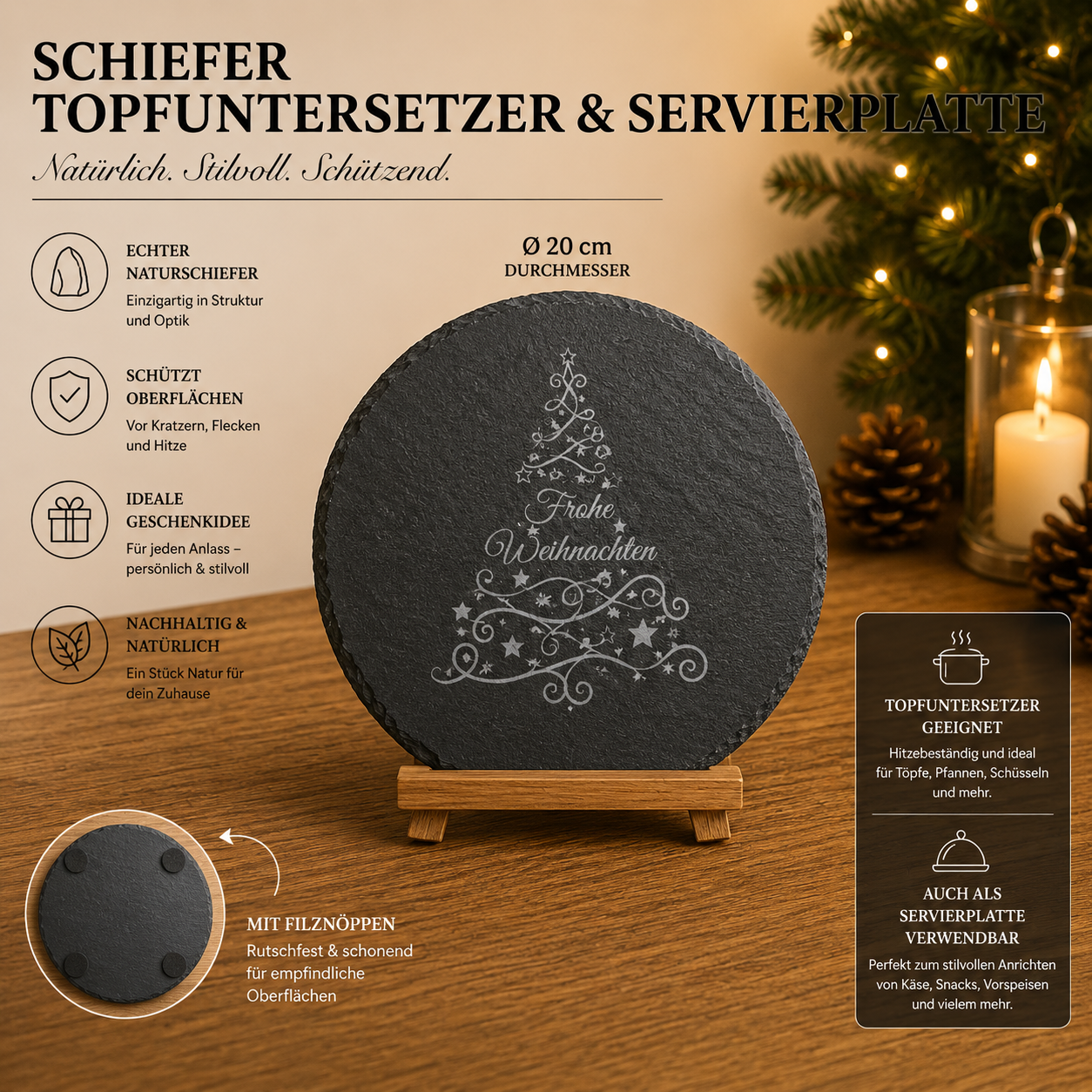 Schiefer Topfuntersetzter & Servierplatte Weihnachtsmotive