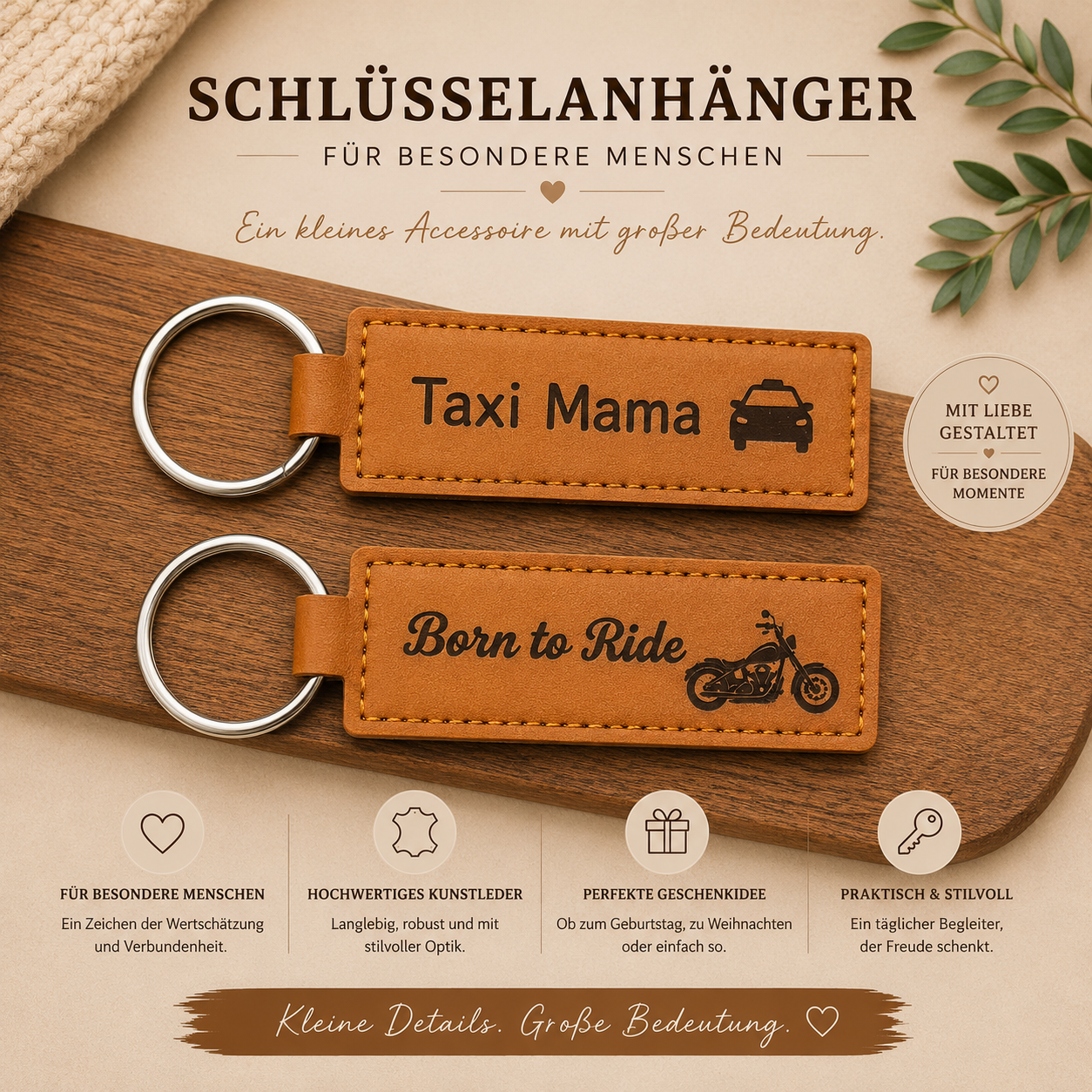Schlüsselanhänger aus Kunstleder mit Gravur